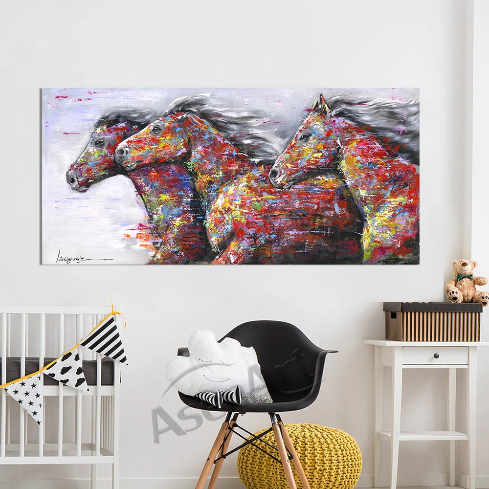 Современный постер с изображением трех Бегущих Лошадей картина маслом на холсте