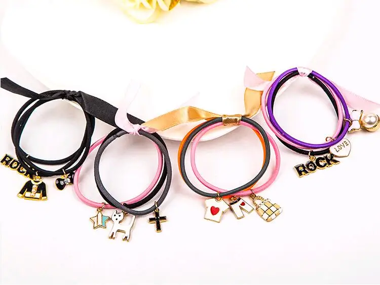Тройные цвета эластичные резинки для волос милый мультяшный кулон шелковистый