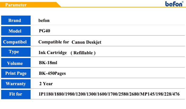 Befon Совместимость 40 сменный картридж для принтера для Canon PG40 PG-40 PG 40 для Canon PIXMA IP1180 1980 2580 2680 MP145 198 228 308 318