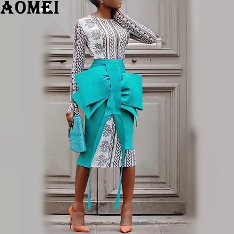 Blue Skirt and Dress Комплекты из 2 предметов, весенние женские юбки-карандаш с принтом, платья, костюмы, элегантные, с большим бантом, тонкие, с разрезом, Jupes, Дамская мода, лето - Цвет: Blue Skirt and Dress