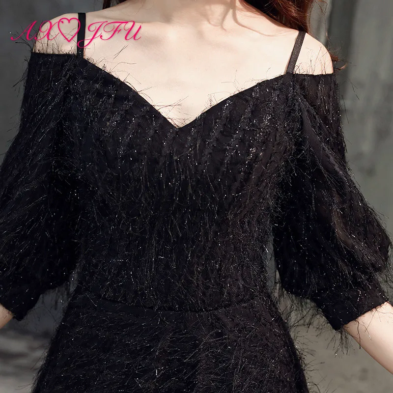 

AXJFU vintage princess black lace long evening dress party pink half sleeve host velvet evening dress little white evening dress