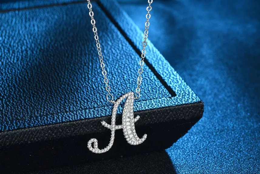 

26 English Letter Pendant Sparkling Luxury Jewelry 925 Sterling Silver Pave White Clear 5A Cubic Zirconia Women Fashion Necklace