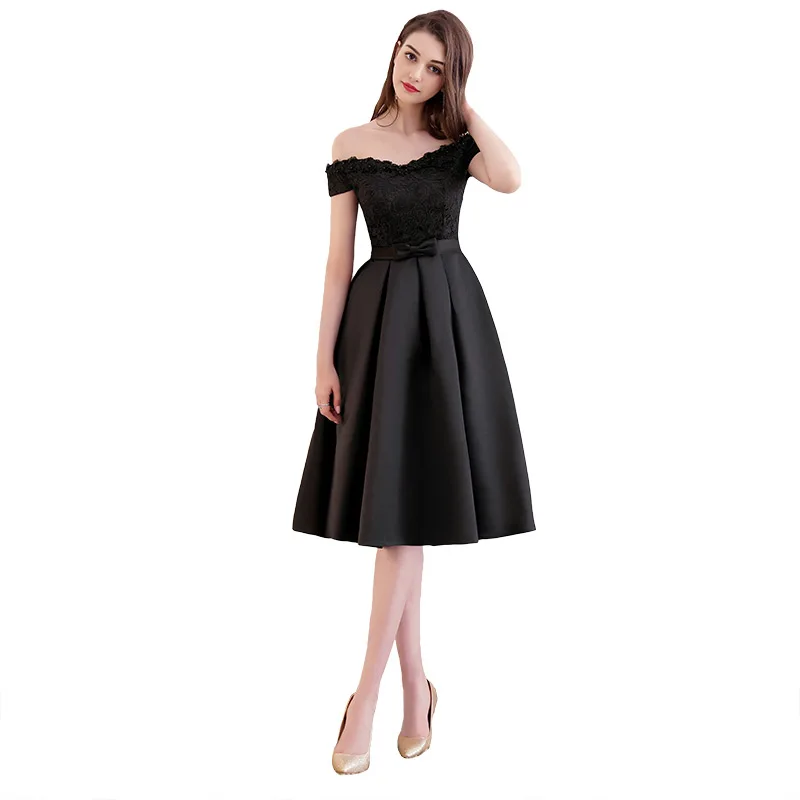 Новое поступление Элегантный для выпускного вечера платья Vestido de Festa; а-силуэт рукава на шнуровке и застежке-молнии с перламутровыми бусинами Черное короткое платье