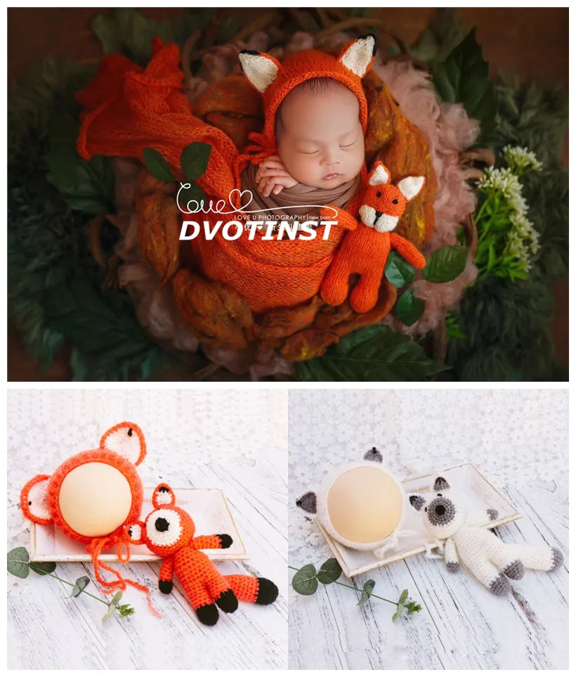 Dvotinst реквизит для фотосъемки новорожденных шапка + кукла лисы вязаный крючком