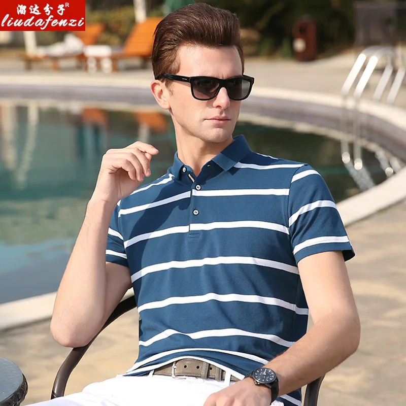 Летняя мужская рубашка поло с коротким рукавом хлопковые полосатые рубашки