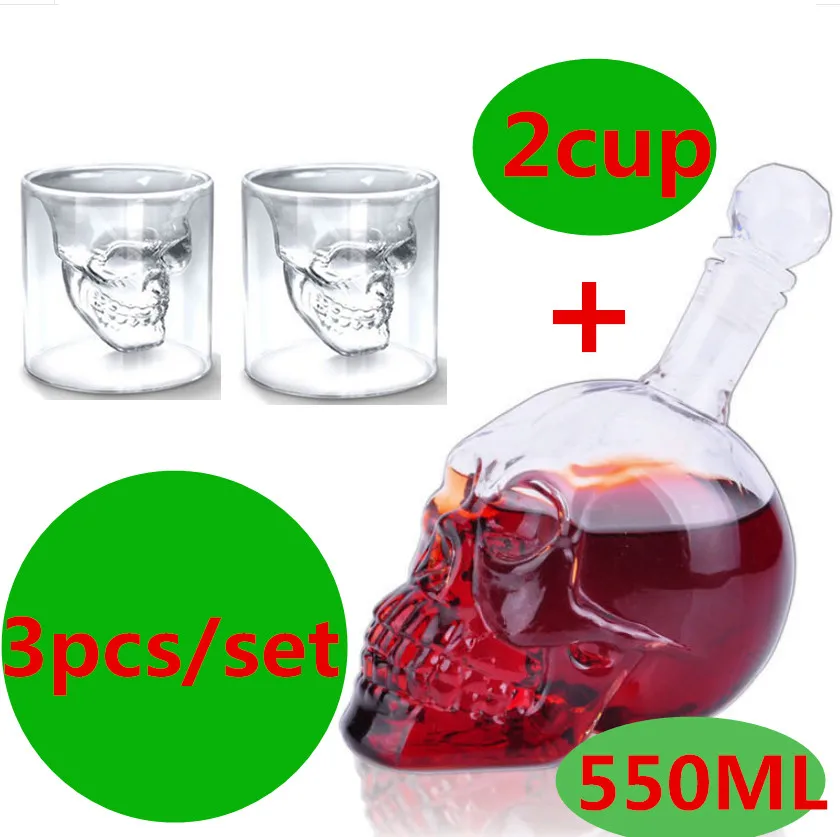 2cup and 550ml bottl 7 шт./компл. хрустальный череп рюмка, Стекло es набор чашка с 550 мл вина Стекло бутылки виски графин домашний бар водка чашка для питья подарок - Цвет: 2cup and 550ml bottl