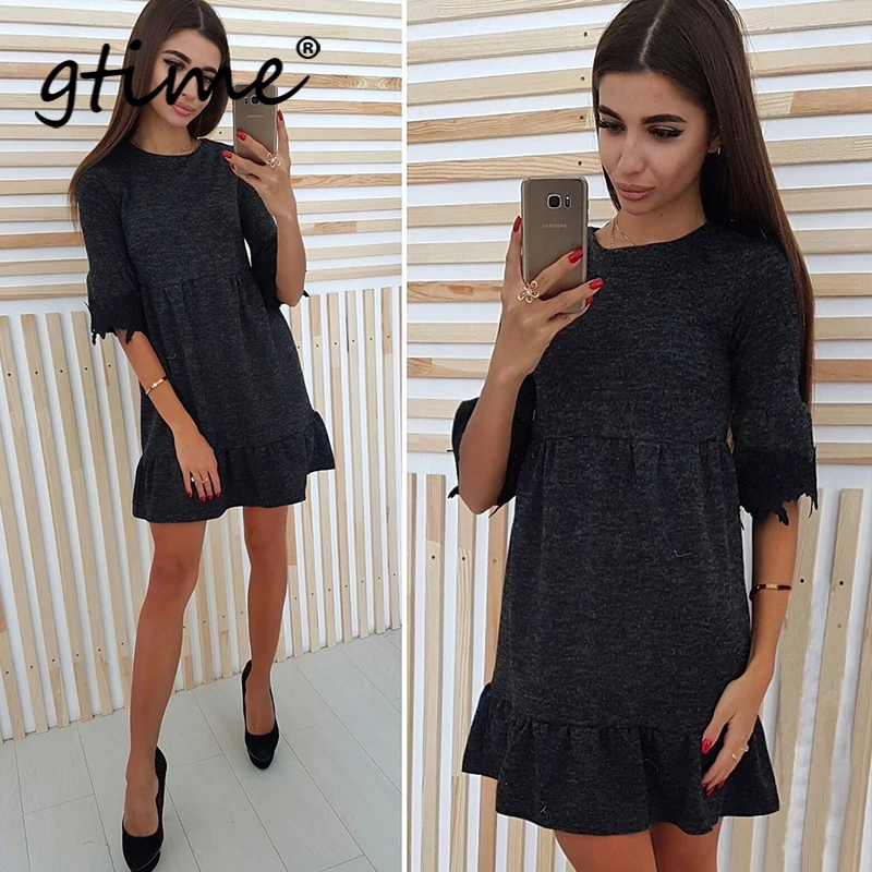 Gtime Прямая поставка Женский кружевное лоскутное свободное платье с