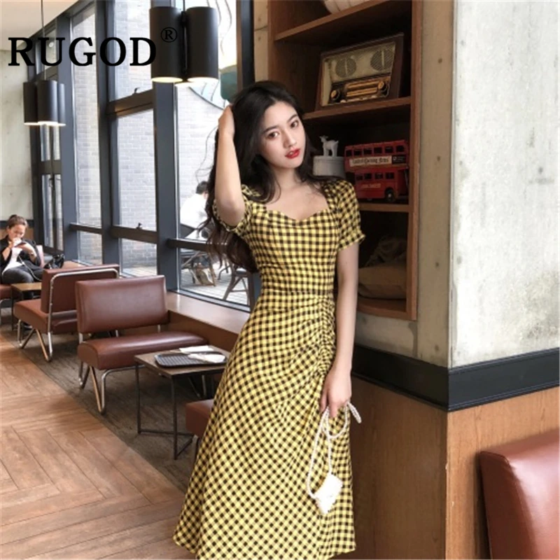 RUGOD/винтажное клетчатое длинное женское платье в Корейском стиле с квадратным