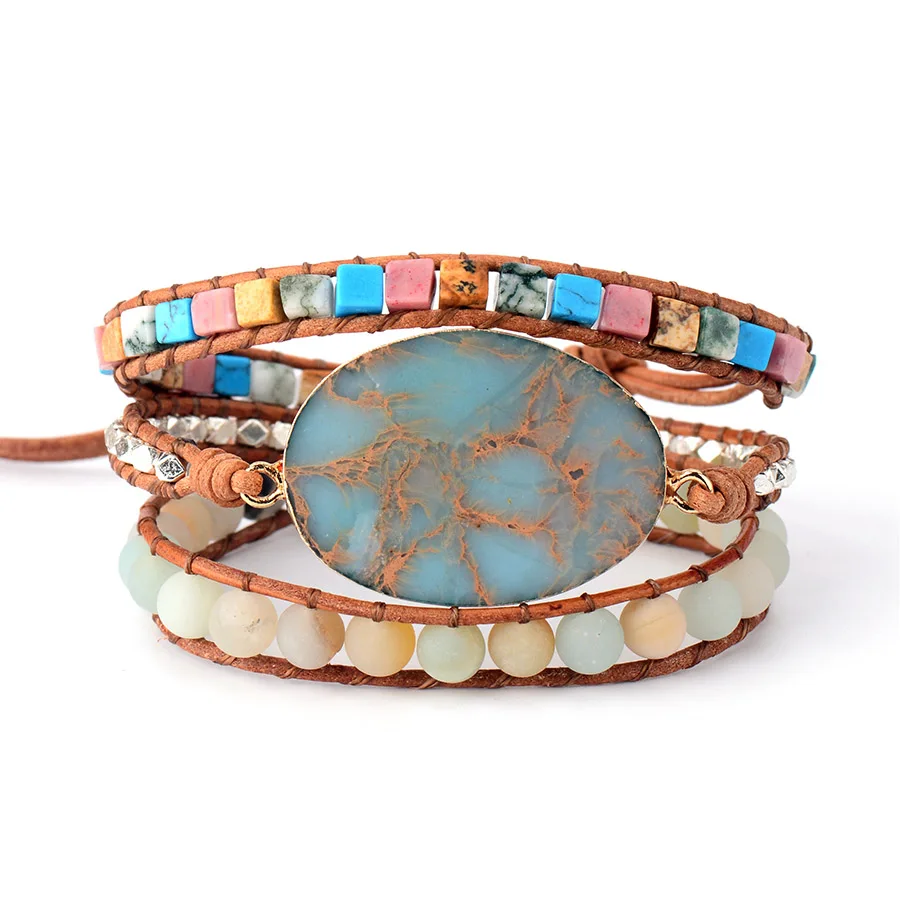 Браслеты женские из натуральной кожи овальные бусины натурального камня Japser с