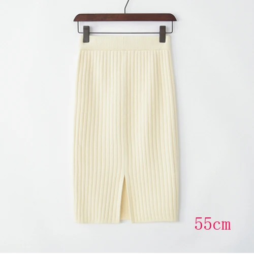 beige 55cm Толстая шерстяная длинная трикотажная юбка-труба, зимняя теплая кашемировая Смешанная юбка-карандаш до середины икры с разрезом сзади, 3 длины, 5 цветов - Цвет: beige 55cm