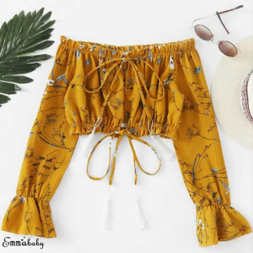 Женская укороченная футболка с длинным рукавом и цветочным принтом Весенняя