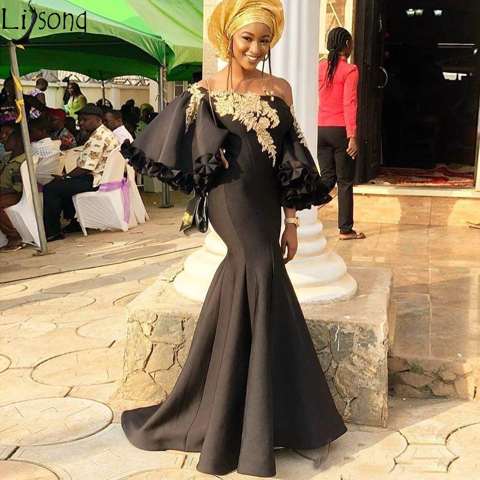 Aso Ebi 2019 Черное вечернее платье Русалка Кружева бисером платья выпускного вечера