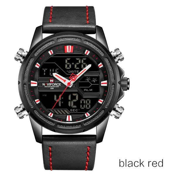 blackred NAVIFORCE Мужские часы от бренда класса люкс мужские кожаные спортивные часы мужские кварцевые светодиодный цифровые часы водонепроницаемые военные наручные часы - Цвет: blackred