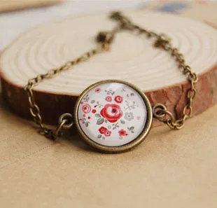 Прекрасная роза Цветочный принт круглый стеклянный кабошон Браслеты бронзовая