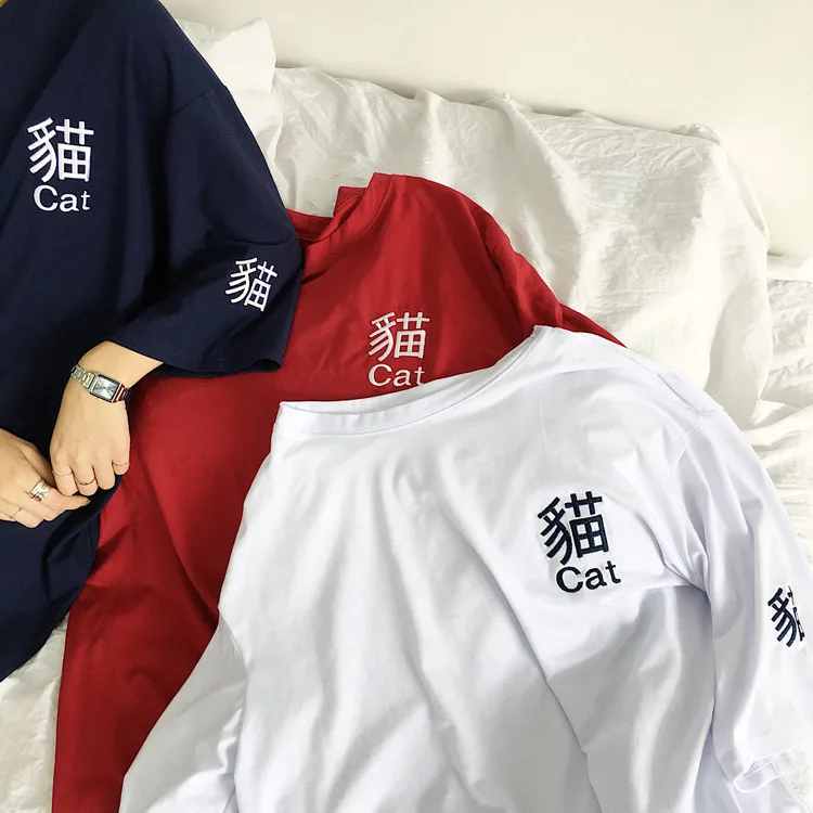 Summer Korean Ulzzang Female Kawaii Long T-shirt Japanese Harajuku Fashion Casual Cat Tees Tops Women Chic Vintage Red T Shirts | Женская