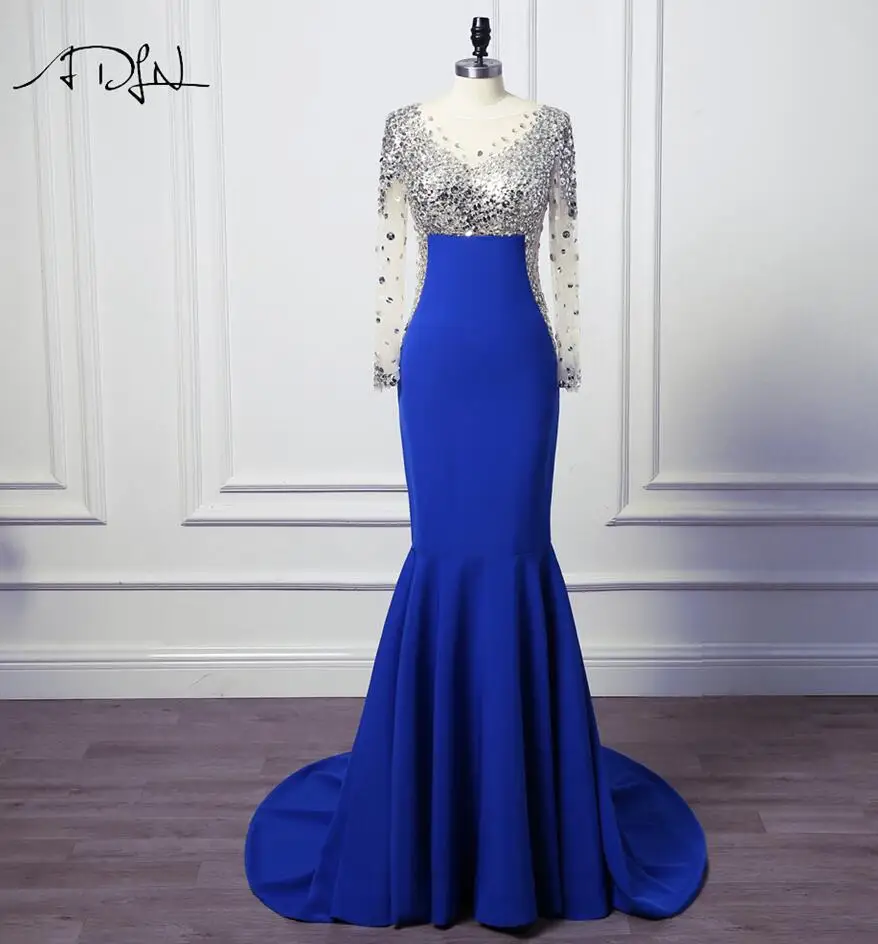 royal blue ADLN Новое поступление роскошные стразы вечерние платья Джерси Совок сексуальное с длинным рукавом платье-Русалка для выпускного Подгонянная длинная одежда для вечеринки - Цвет: royal blue