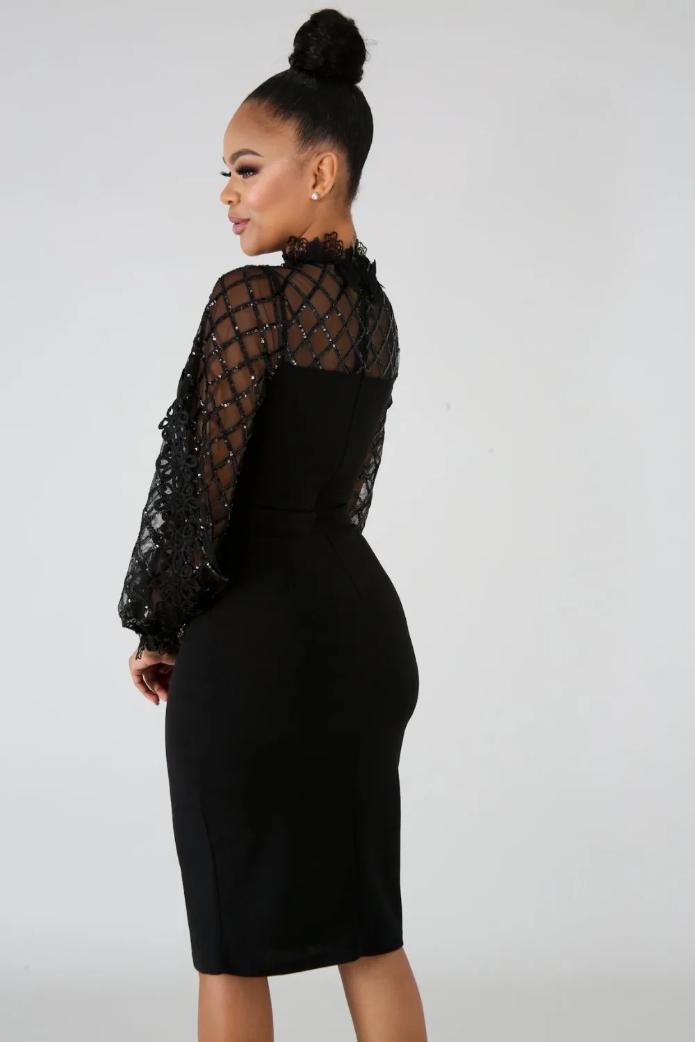 GL зимнее женское платье с круглым вырезом длинным рукавом кружевное блестками