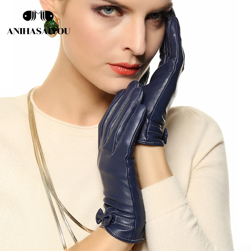 Осенние кожаные перчатки женские зимние из натуральной кожи с бантом бабочкой