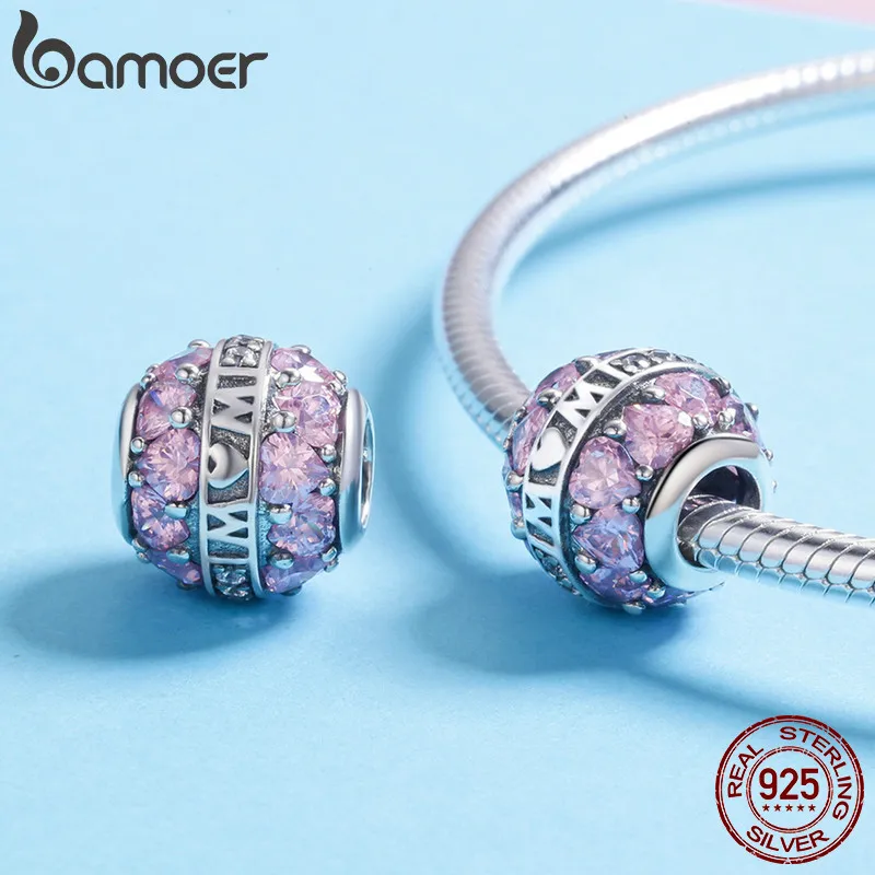 BAMOER 925 пробы серебро, мама любовь в сердце Розовый CZ Шарм подходит для женщин браслет и ожерелье ювелирные изделия подарок матери SCC580