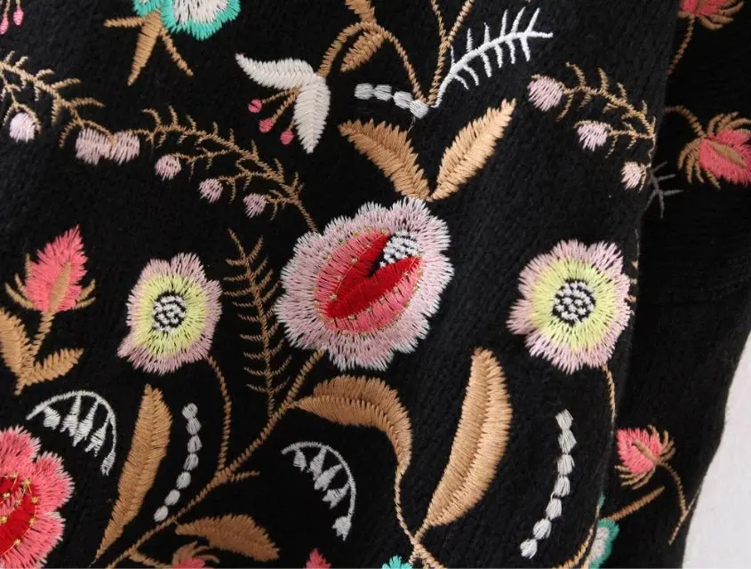 Symmetric Botanical Embroidered Jumper Black Long Sleeve Casual Boho Pullovers 2017 Autumn Ladies Sweaters | Женская одежда