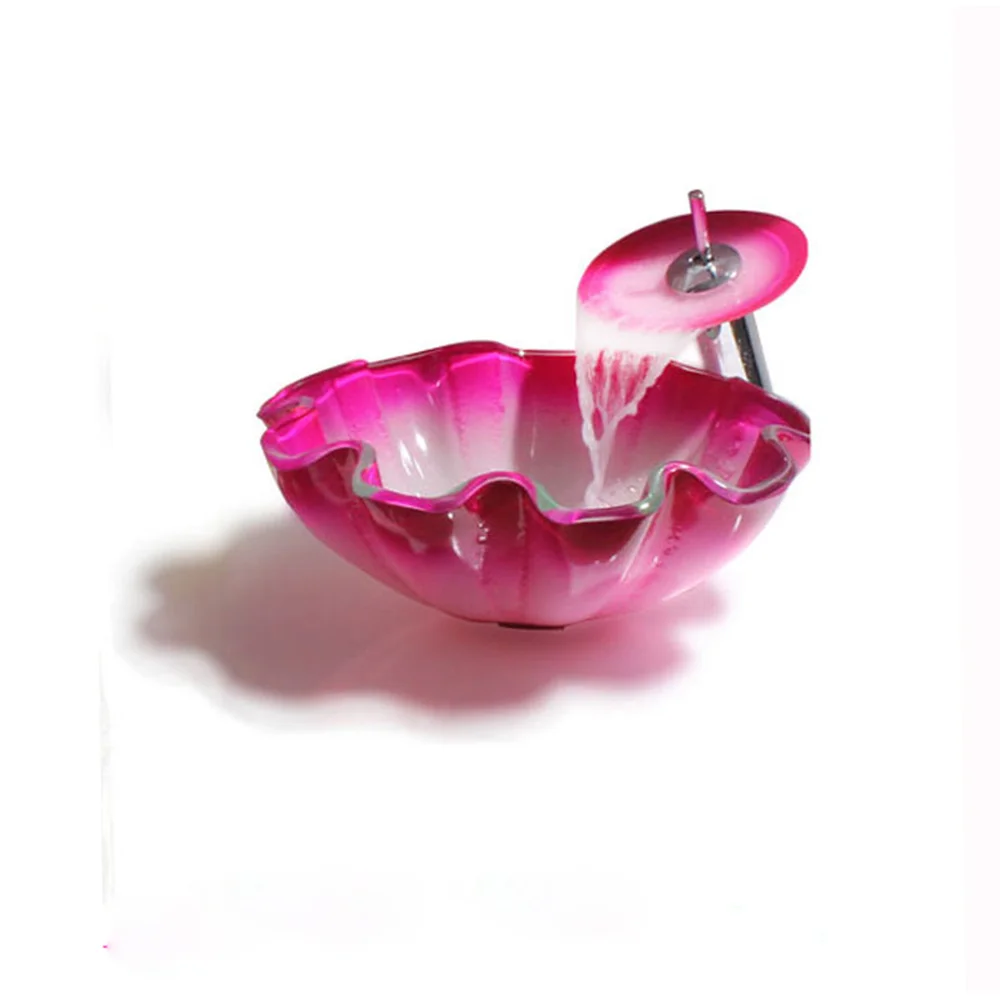 

Creative Pink glass Washbasin flower shape Tempered Bathroom Glass Vessel Vanity Sink with Free Pop Up Drain LO629301
