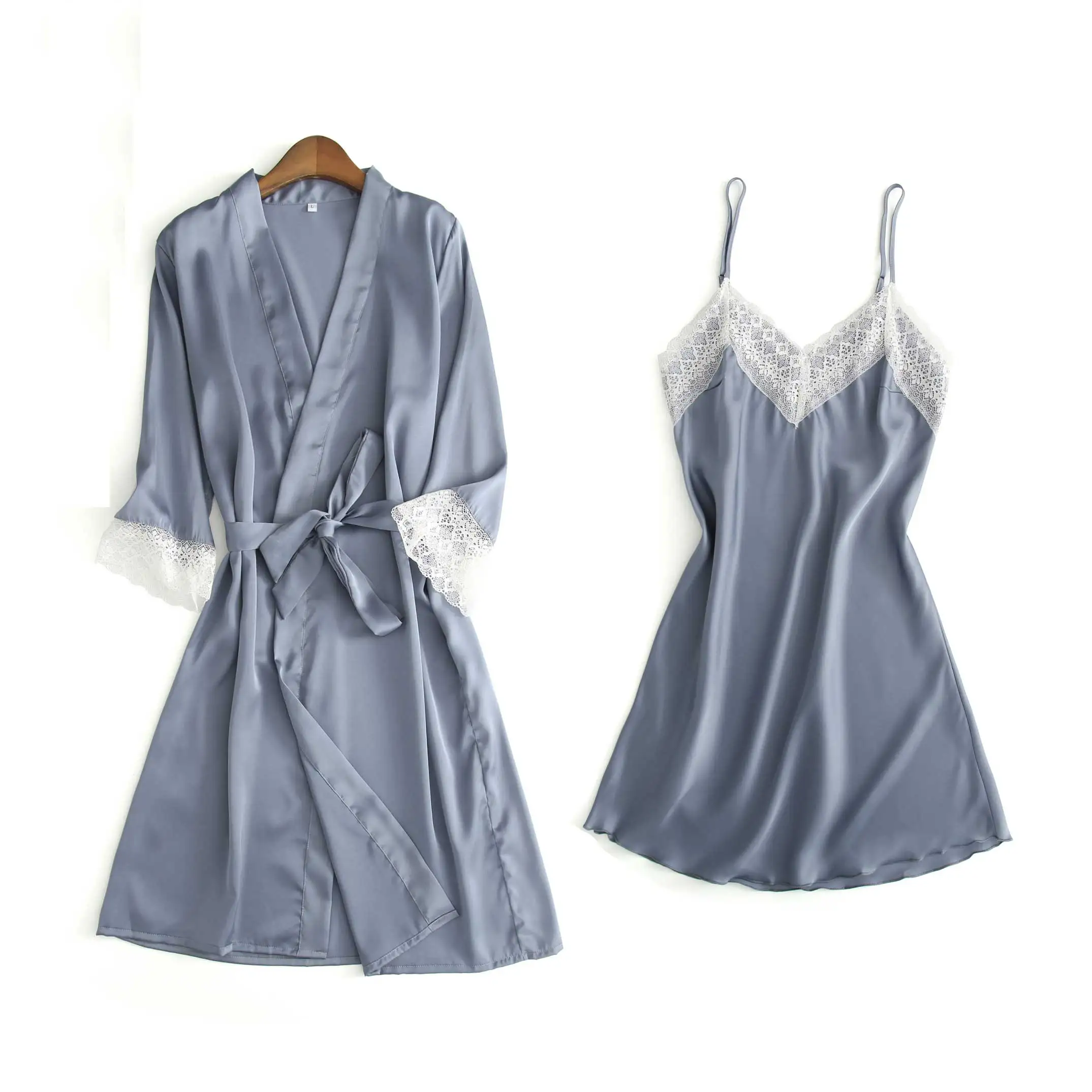 grey-blue BZEL, новинка, Модный женский летний халат и платье, комплекты, роскошная ночная рубашка, сексуальный Шелковый Атласный халат, 2 шт., Женское ночное белье - Цвет: grey-blue