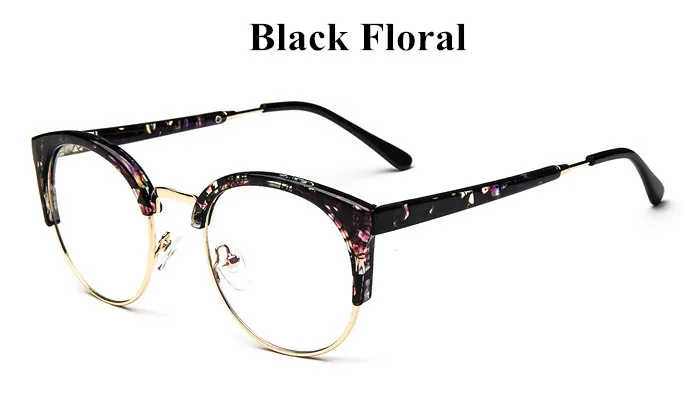 black floral Прозрачная модная круглая прозрачная оправа для очков, женские полуоправы, женские очки, украшения для очков с оптическими линзами - Цвет оправы: black floral
