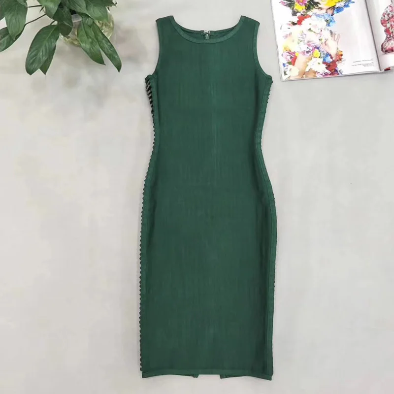 

Fashion Green Bodycon Bandage Dress New Arrival Women Sleevelss O Neck Hollow Out Sexy Midi Party Dress Summer Vestido Wholesale