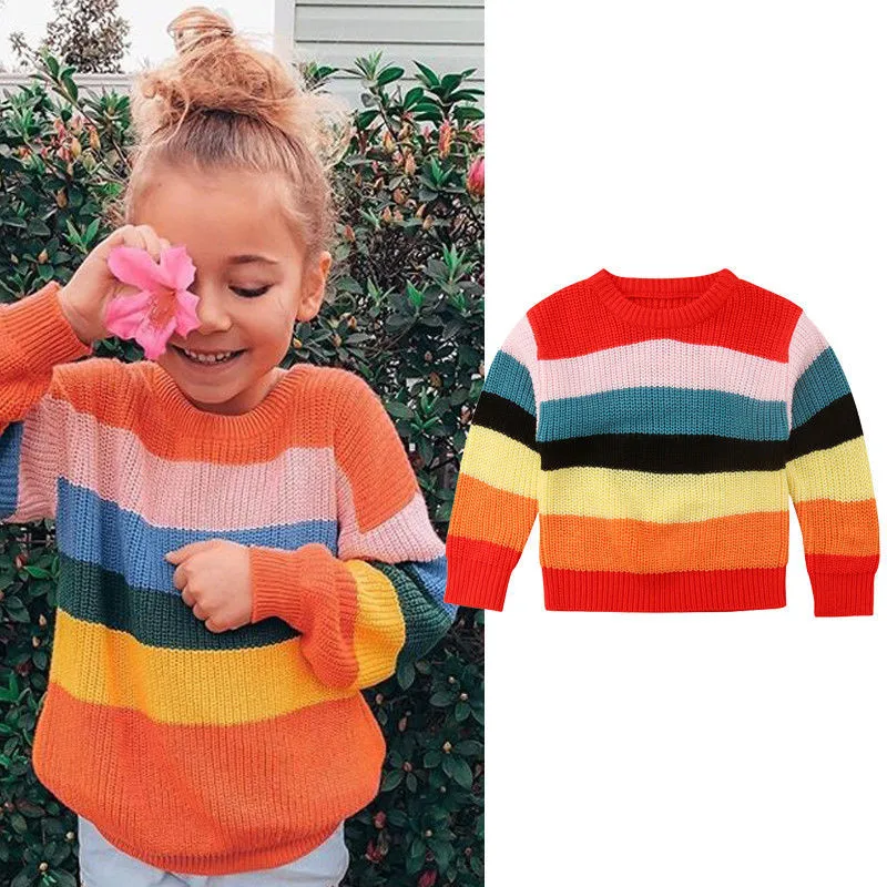 Детский свитер для девочек 1-6 лет на осень и зиму повседневный теплый в полоску с