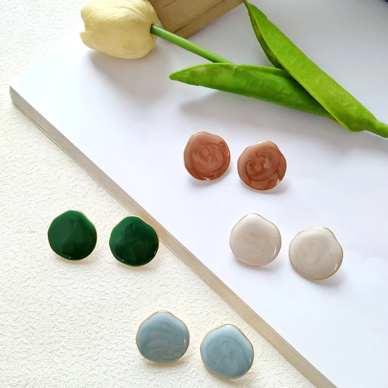 AOMU New Korea Vintage Pattern Geometric Round Circle Resin Stud Earrings for Women Girls Ear Accessories