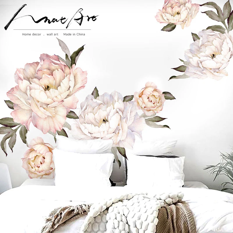

Peony Flowers Wall Sticker Vintage Peach Watercolor Peony living room decoration Home Decoration wall art for bedroom nordic