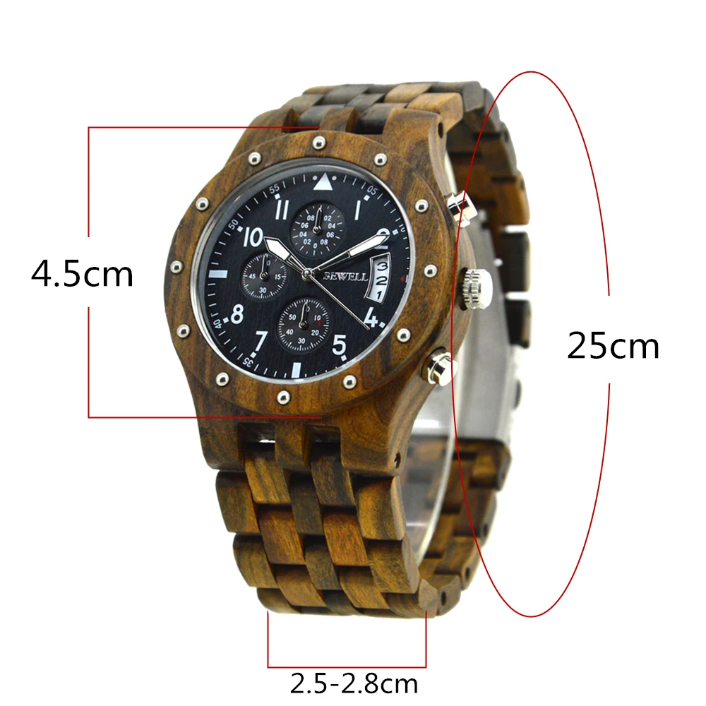 Мужские кварцевые часы с хронографом BEWELL полностью выполненные из сандалового