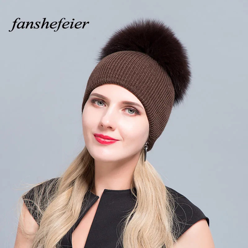 Fanshefeier натуральный мех енота помпон однотонные горнолыжные шапки зимние шапочки