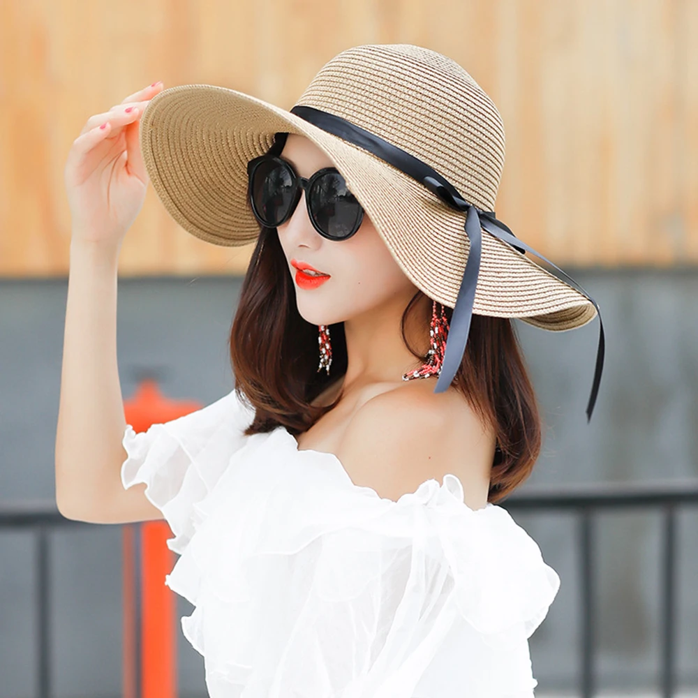 

Summer Straw Hat Female Sun Hats Large Coastal Bow Not Korean Fresh Sunscreen Folding Caps Beach Dome Handmade Outdoors White