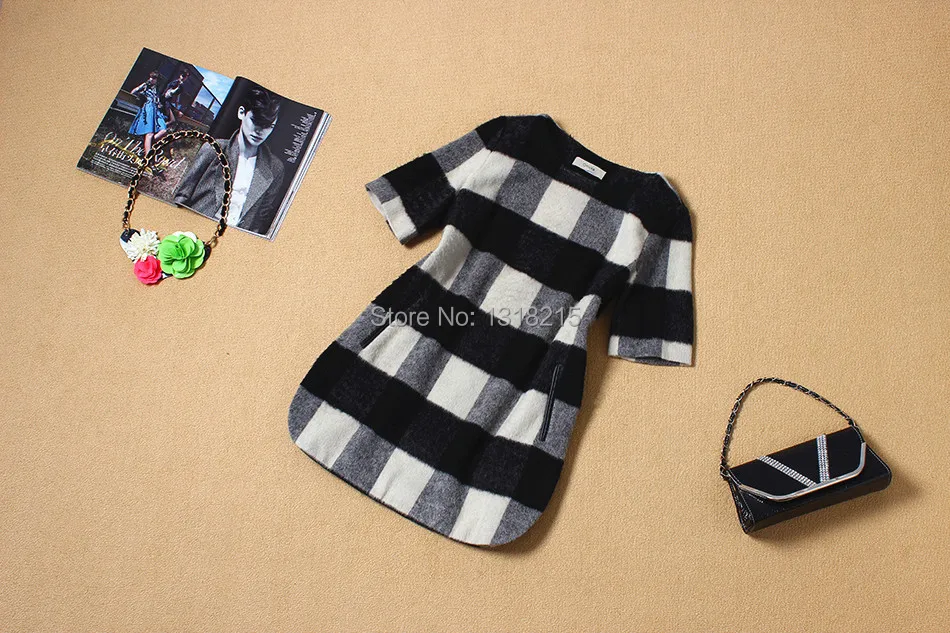 Europe station 2014 A/W fashion women's plaid print PU leather splicing short sleeve woolen dress ladies casual pencil | Женская