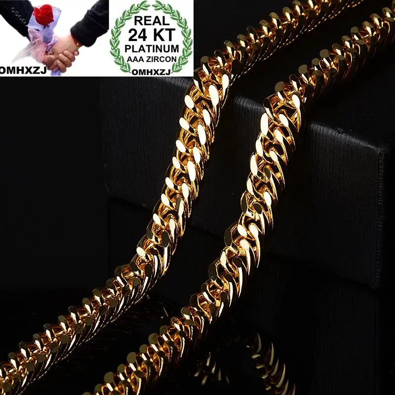 

OMHXZJ Wholesale European Fashion Man Party Wedding Gift Wide Chain 24KT Yellow Gold Chain Necklace NA211