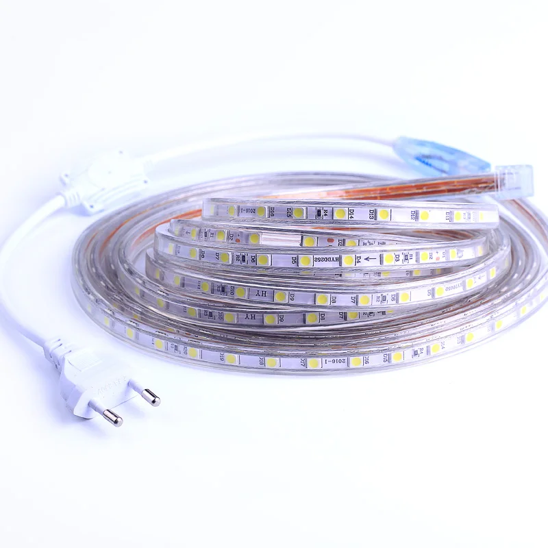 Лента Светодиодная гибкая Водонепроницаемая SMD 5050 ac220в, 60 светодиодов на метр, светодиодная с вилкой, 1 м/2 м/3 м/5 м/6 м/10 м/15 м/25 м