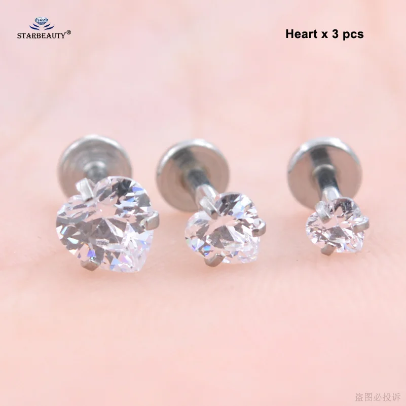3 шт 16 г 6 мм прозрачное Сердце Звезда Круглый Bijoux пирсинг носа Nariz Labret Кольцо для губ пирсинг серьги спираль пирсинг для пупка нос кольцо - Окраска металла: Heart x 3pcs