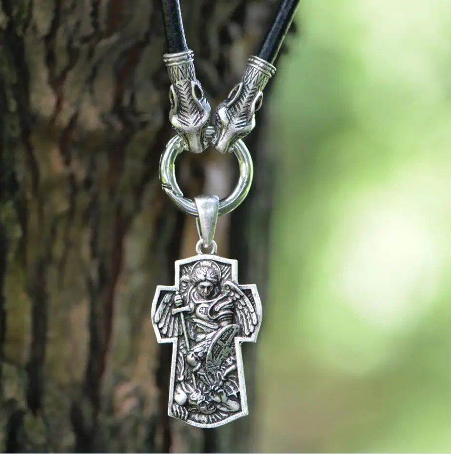 Leather Cord Two Langhong, 1 шт., Свято-Майкл, Archangel, защита меня, святое Молитвенное ожерелье, религиозное ожерелье, ювелирные изделия-талисманы - Окраска металла: Leather Cord Two