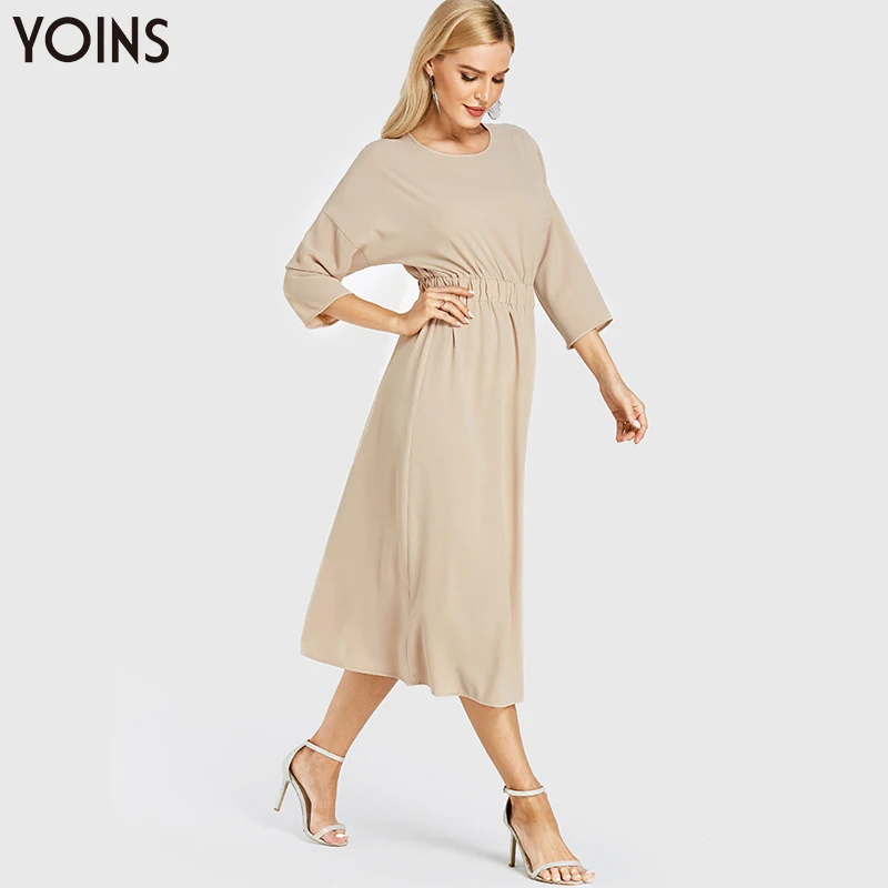 YOINS 2019 лето осень новое женское платье винтажное средней длины с круглым вырезом