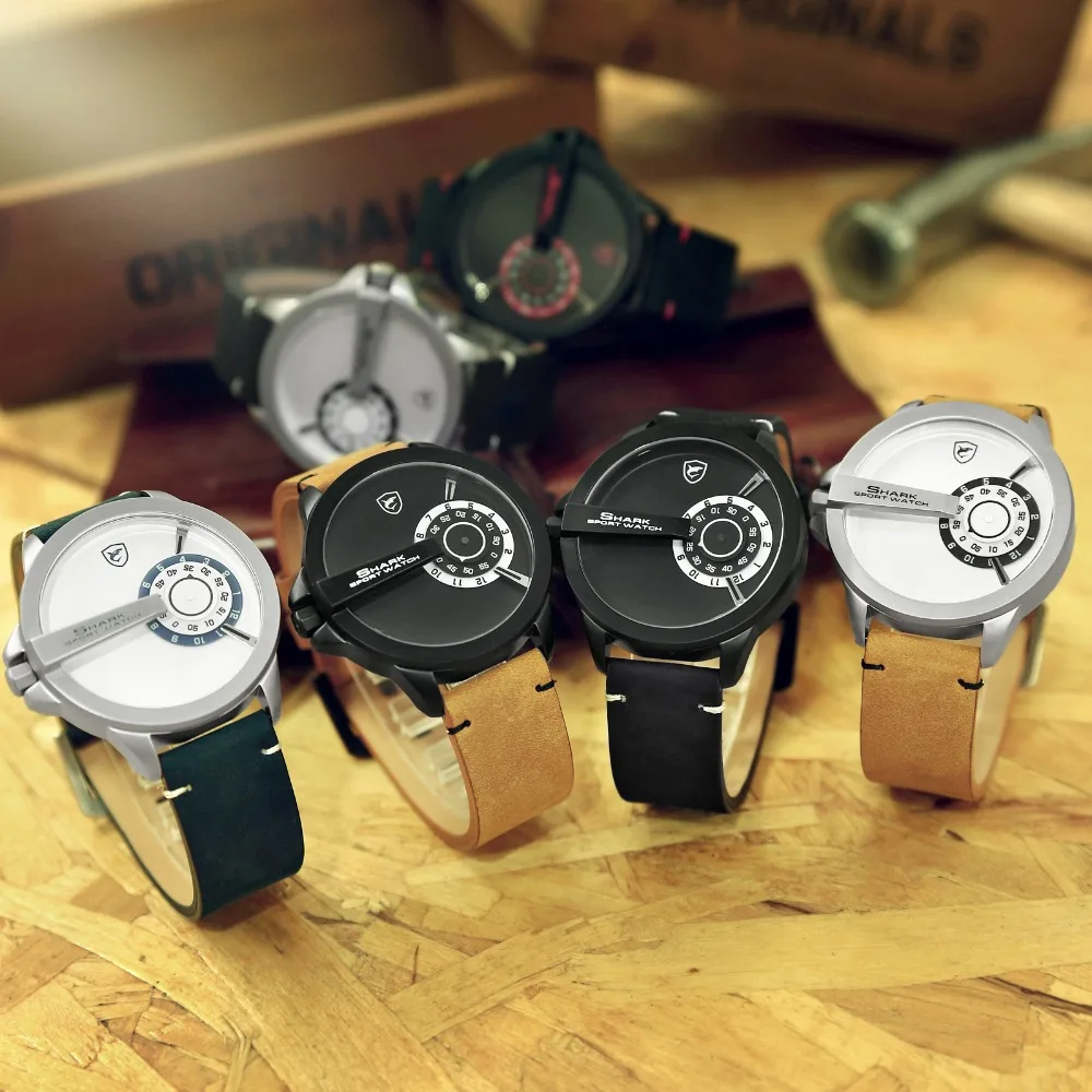 New SHARK Sport Watch Turntable Dial Special Design Quartz Crazy Horse Leather Strap Waterproof Male Wrist Creative Watch /SH561