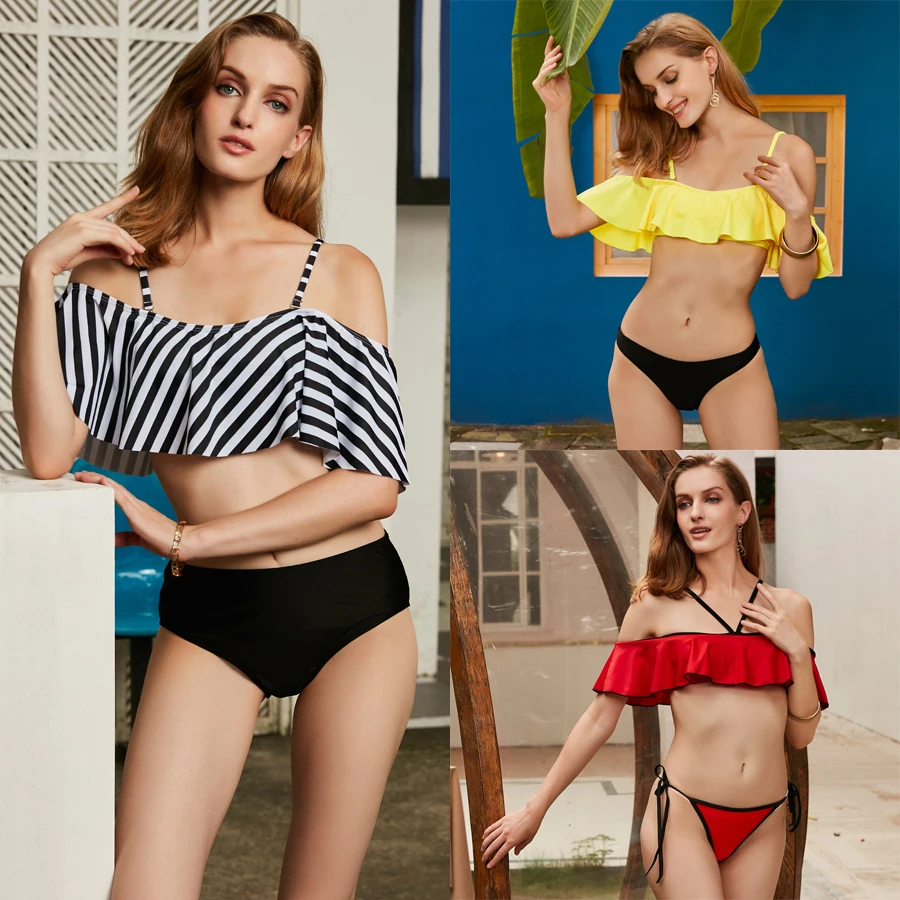2019 с открытыми плечами комплект бикини оборками Купальник бандо женский