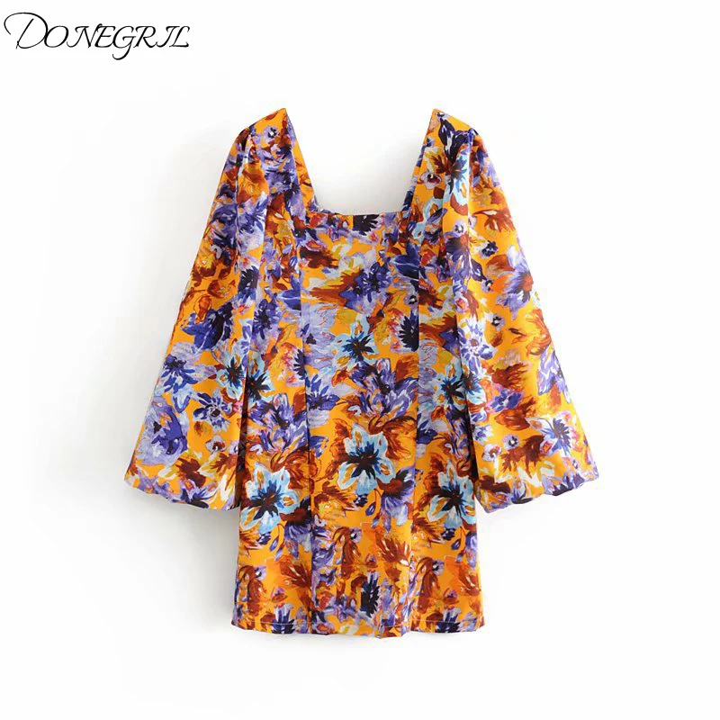 2019 Весна и лето Новая Европейская станция пушистые рукава цветочный принт платье