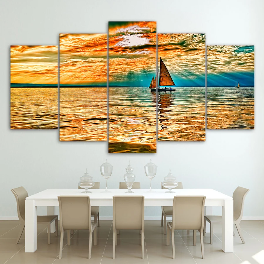 Drop Shipping HD Printed 5 piece canvas art sky clouds sun rays lake sailboat Painting Canvas Print room decor print | Дом и сад