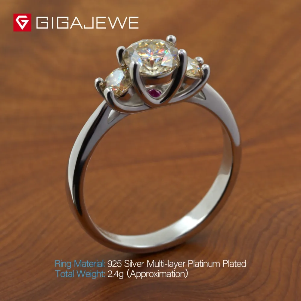 GIGAJEWE Moissanite 1ct 5,5 мм+ 2X3,5 мм круглая огранка желтого цвета 925 Серебряное кольцо золотое многослойное покрытие модный подарок для девушки