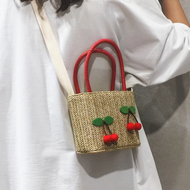 

Summer Cherry & Strawberry Straw Hand Bag Women Small Woven Bohemian Crossbody Messenger Bag Girls Mini Cute Beach Shoulder Bags