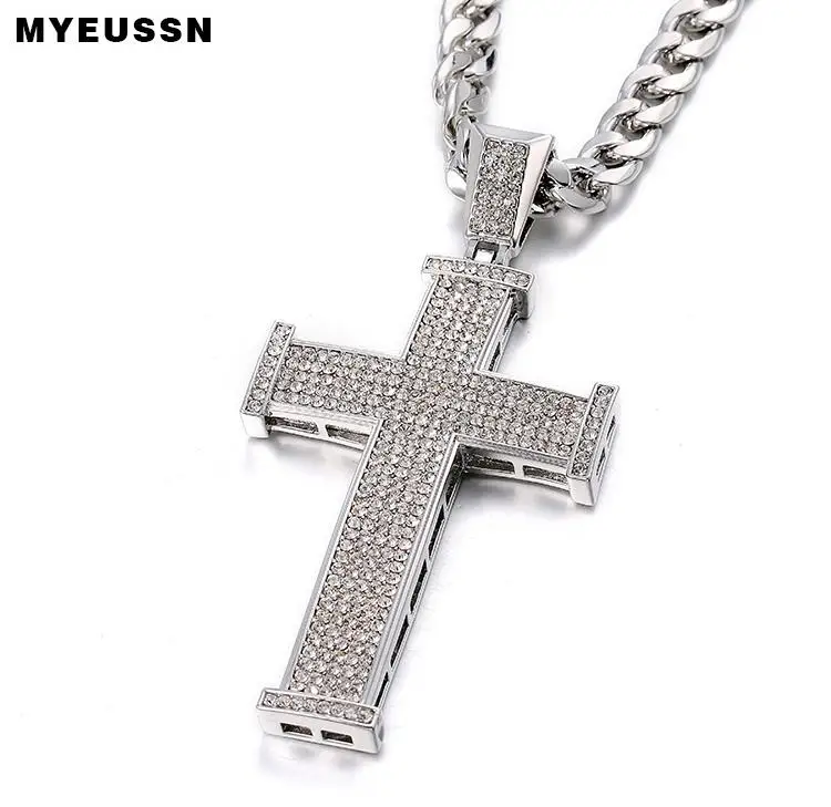 Big Silver Cross Iced Out Сияющий Кристалл крест кулон золото/серебро мужчины модное ожерелье в форме Креста цепи мужчины Рэппер Куба ожерелье - Окраска металла: Big Silver Cross