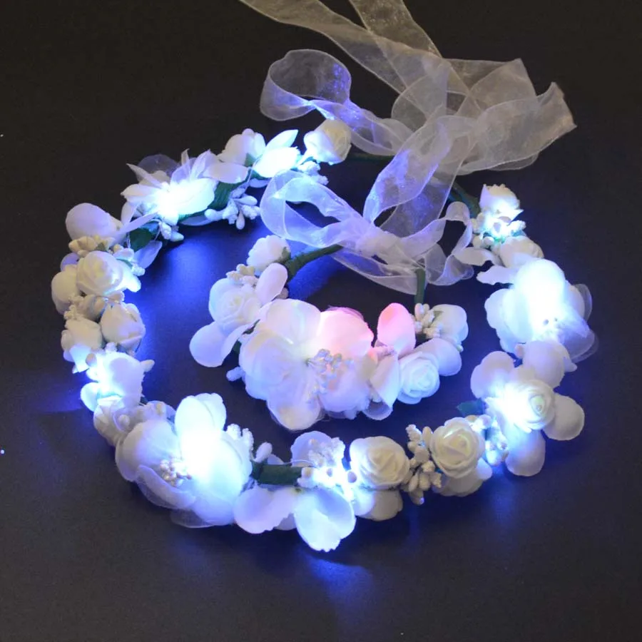 

Glow LED Party Flower Bride Decor Wedding Beach Wreath Garland Wristband Props Boho Floral Light Crown birthday