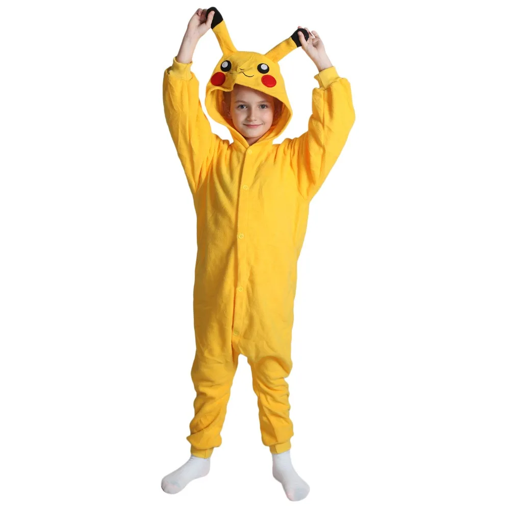 Зимние хлопковые теплые с капюшоном Пикачу единорог пижамы животные мультфильм