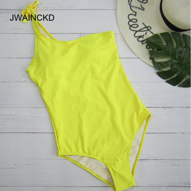 

JWAINCKD Swimwear Women High Cut One Piece Swimsuit One Shoulder Knotted Padded Solid Bathing Suits Bikini Beachwear Biquini